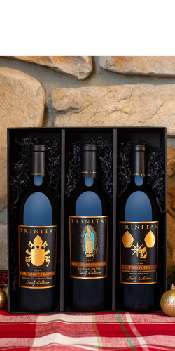 Bottle of Cab Francis, Our Lady of Guadalupe, and Two Popes in holiday gift box
