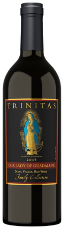 Photo of wine bottle with our lady of guadalupe artwork