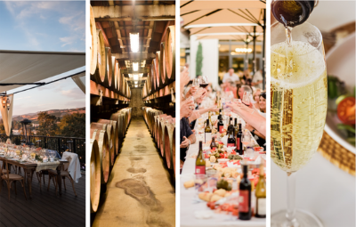 Collage of patio dinner, winery, lobster feed, and sparkling wine photos