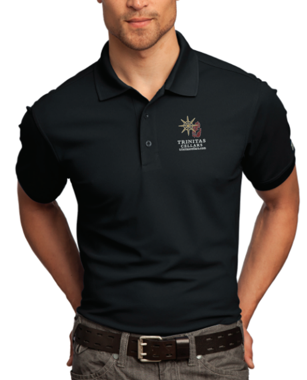 Black polo shirt with Trinitas logo.