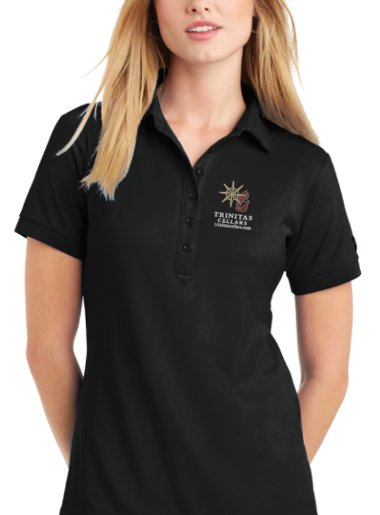 Black polo shirt with Trinitas logo.
