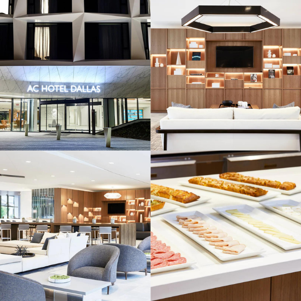Collage of exterior and interior photos of AC Dallas hotel