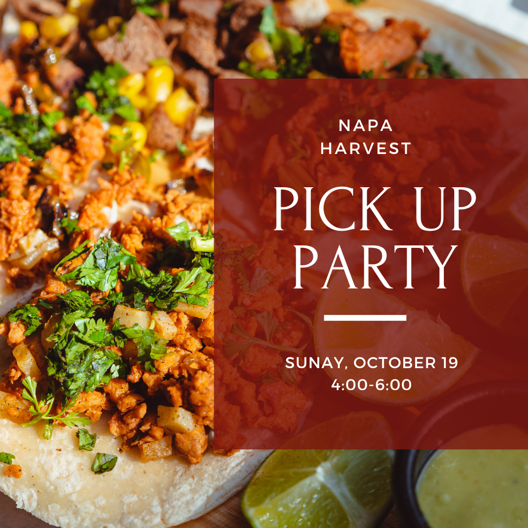 Close-up of flavorful tacos topped with cilantro, onions, and seasoned meat with limes on the side, promoting Napa Harvest Pick Up Party on Sunday, October 19 from 4–6 PM.