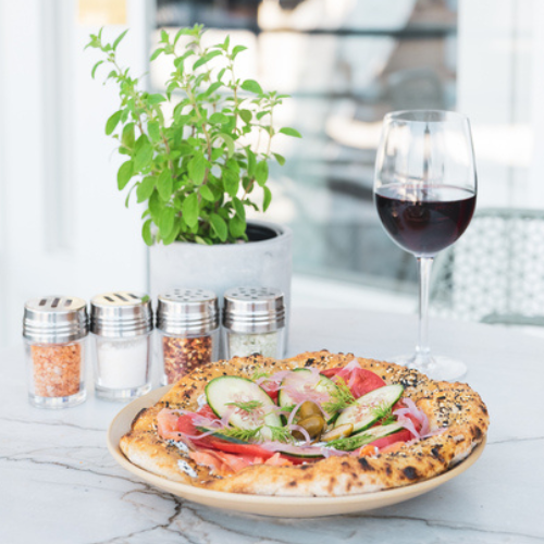 Image of pizza with wine