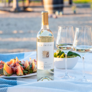 Bottle of Trinitas 2023 Sauvignon Blanc with wine glasses and charcuterie on a picnic setup in Napa Valley.