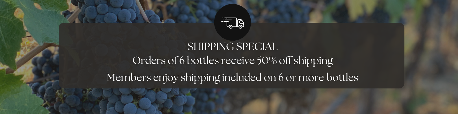 Trinitas shipping special banner with vineyard grapes offering discounted wine shipping