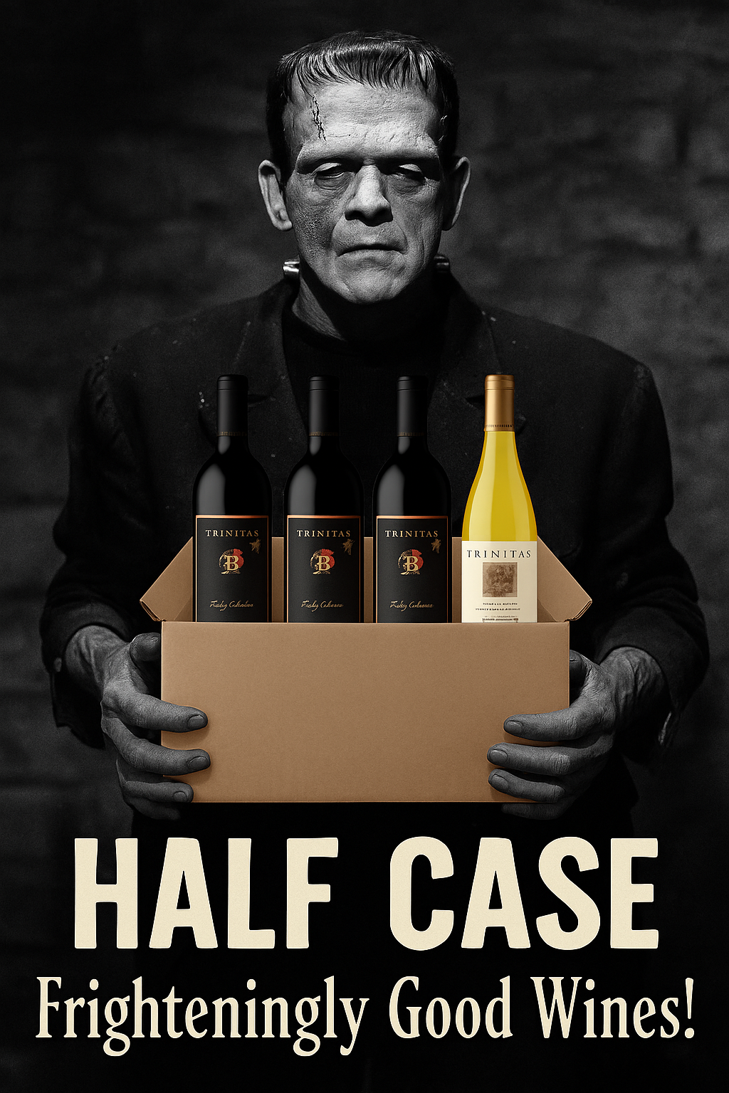 Frankenstein’s monster stands before six Trinitas Cellars wine bottles—four reds and two whites—in a vintage black-and-white Halloween scene titled “Spooky 6-Pack