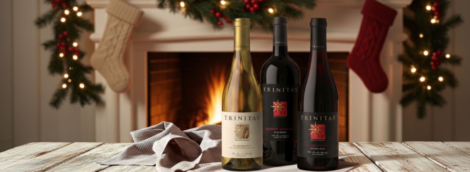 Three bottles of Trinitas wine displayed on a rustic wooden table in front of a glowing fireplace decorated with Christmas stockings, garland, and twinkling holiday lights.