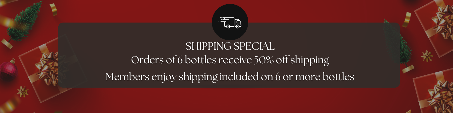 Trinitas Cellars holiday shipping banner with a red background, gold-wrapped gifts, evergreen branches, and text announcing a special shipping offer for wine orders