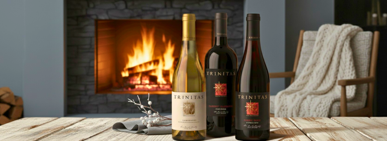 Three bottles of Trinitas Cellars wine—a white blend and two reds—set on a rustic wooden table indoors, featuring a cozy fireplace and a snowy January landscape through a large window.