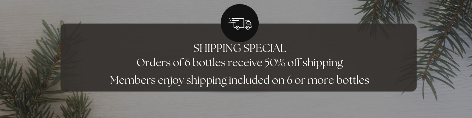 Trinitas Cellars holiday shipping banner with a red background, gold-wrapped gifts, evergreen branches, and text announcing a special shipping offer for wine orders