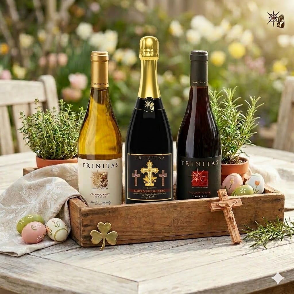 A festive Easter wine display featuring three Trinitas Cellars bottles—Chardonnay, Easter Cuvée Brut Rosé, and Pinot Noir—arranged in a rustic wooden crate on an outdoor table. The scene includes pastel Easter eggs, a small crucifix, a gold shamrock, and fresh greenery against a soft-focus garden background.