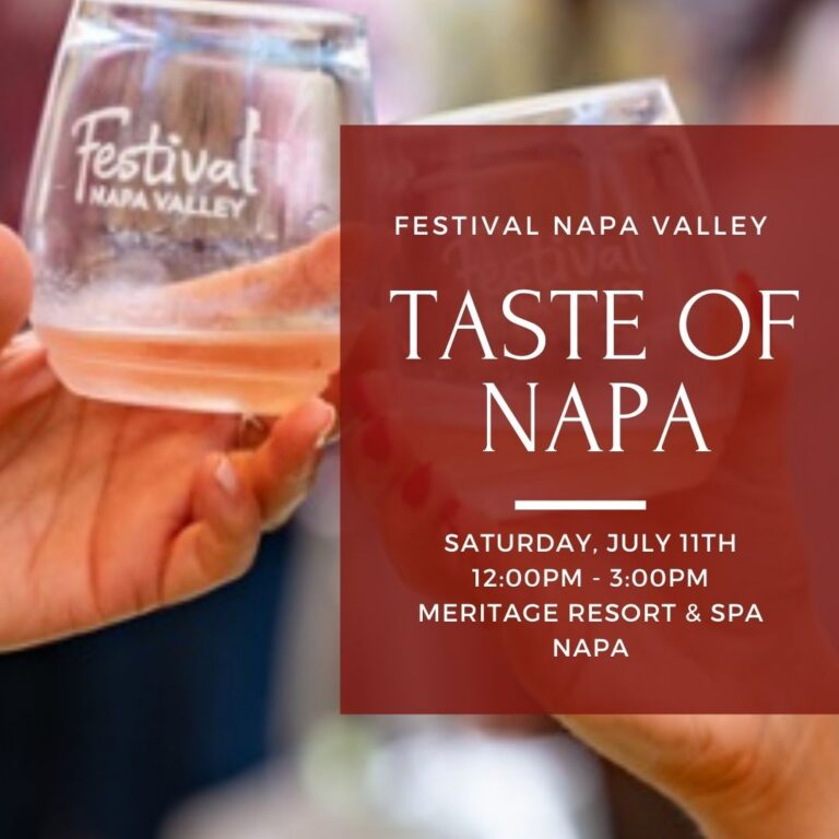 Two people clink wine glasses; event details for Taste of Napa festival at Meritage Resort are overlaid.