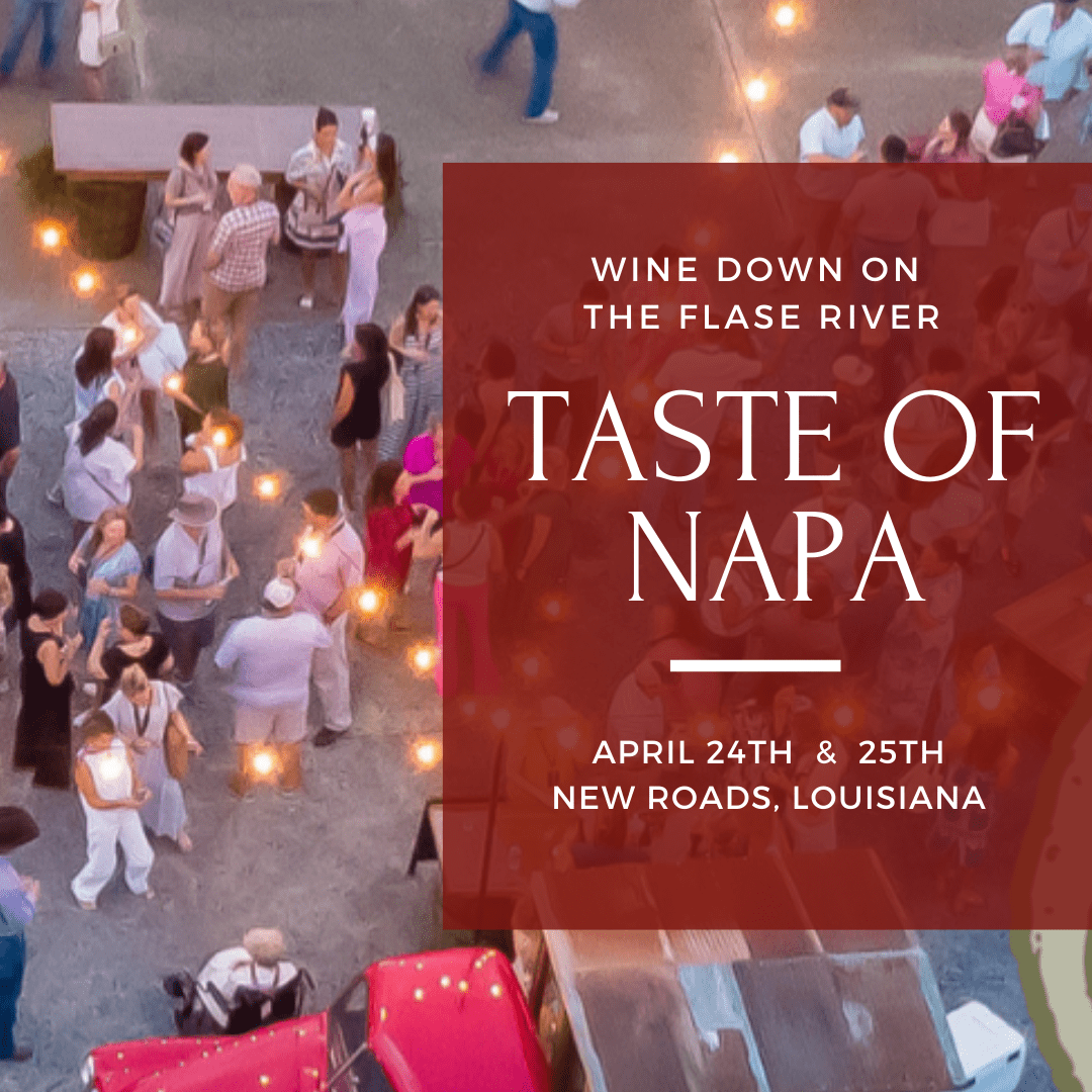 A crowd gathers outdoors at dusk for the Taste of Napa event in New Roads, Louisiana.
