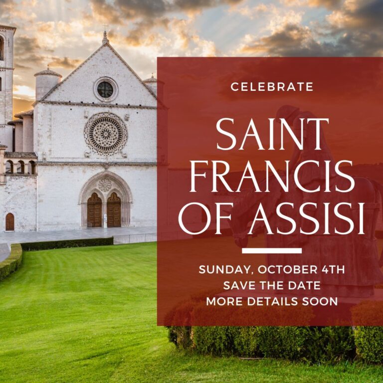 Saint Francis of Assisi event invitation overlaying a church and statue, with event date and details.