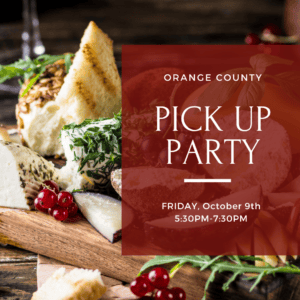 Graphic promoting the Trinitas Wine Society pick-up party in Orange County on Friday, October 9, 2026.