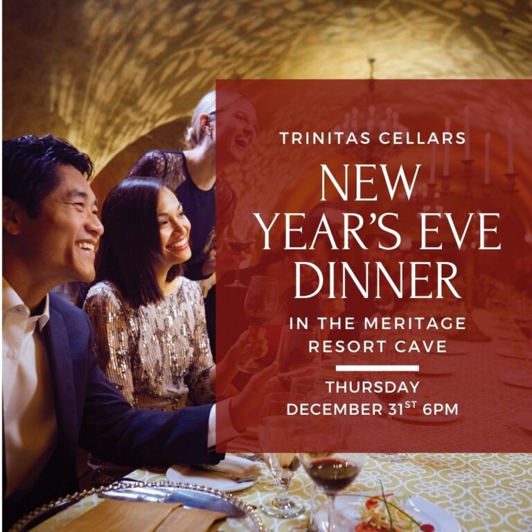 Four people smile and dine at a festive table; overlay text announces a New Years Eve dinner event.