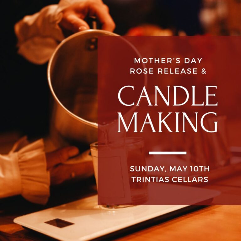A person pours wax into a candle jar; text promotes a Mother’s Day candle making event at Trinitas Cellars.