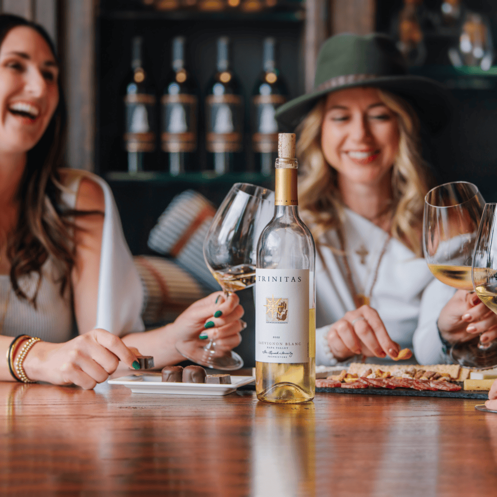 Two women enjoy wine and snacks at a table, smiling and holding glasses, with bottles in the background.