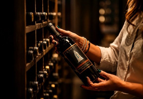 Person holding a wine bottle in a dimly lit wine cellar, surrounded by shelves of bottles.