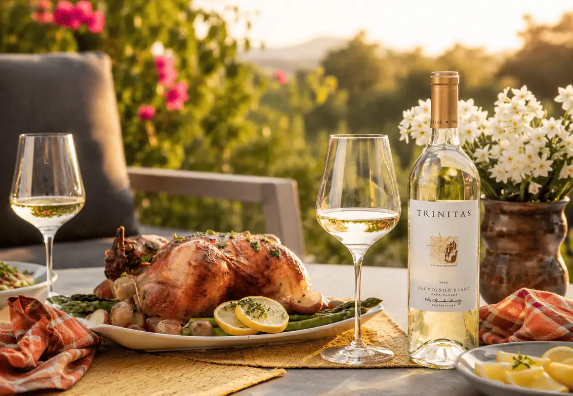 Roast chicken, wine, and two glasses on an outdoor table with flowers and a scenic sunset in the background.