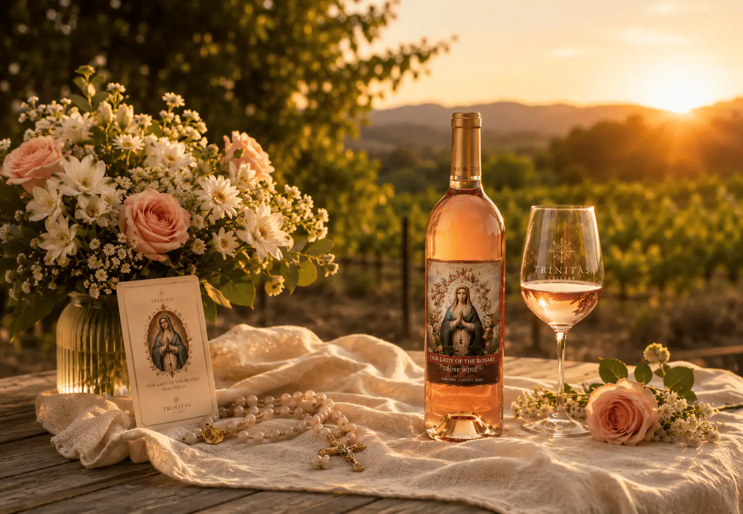 Bottle and glass of rosé wine on a table with flowers, a book, and rosary beads at sunset in a vineyard.