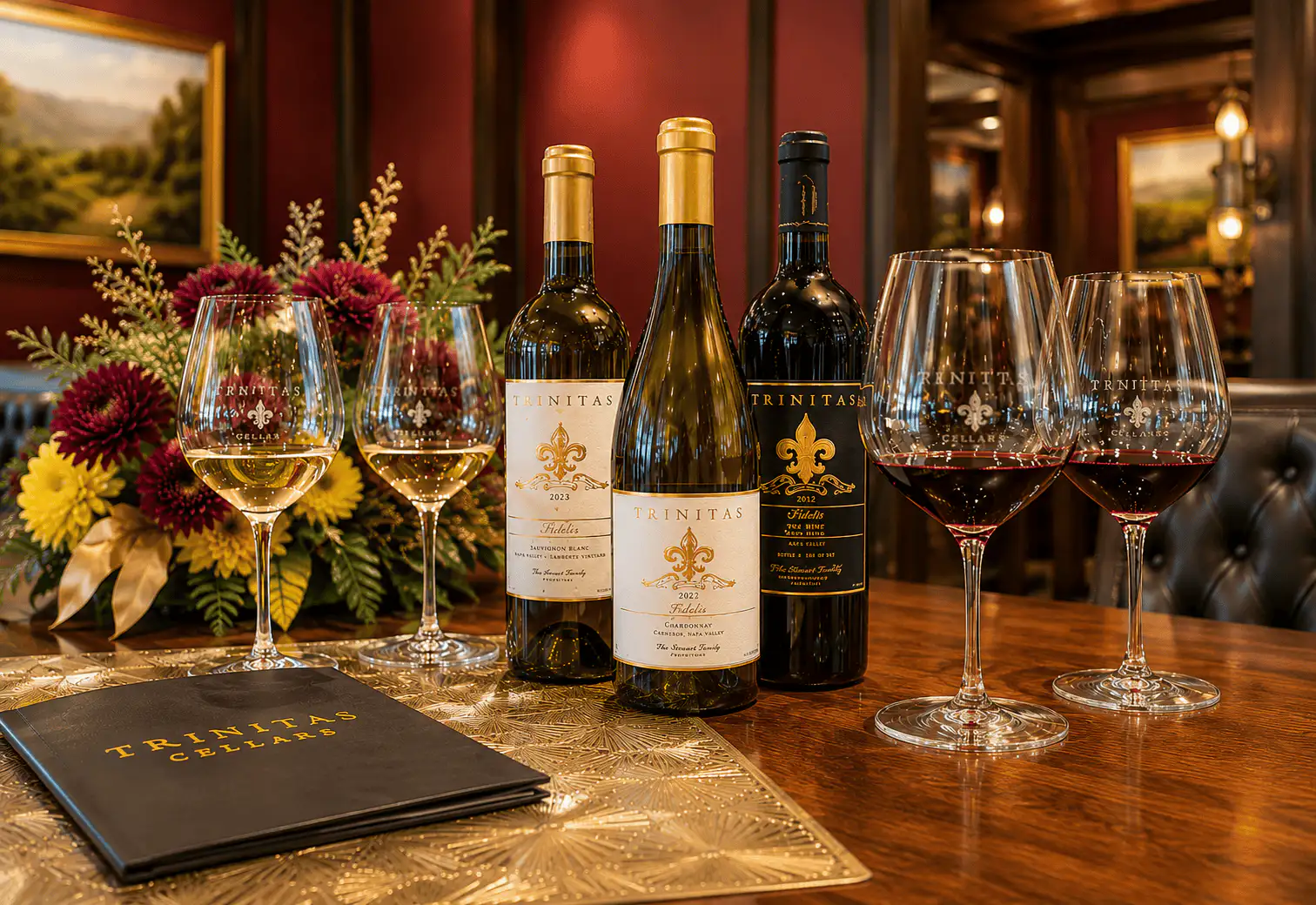 Three bottles of Trinitas Cellars wine, four glasses, flowers, and a menu on a polished table in an elegant room.