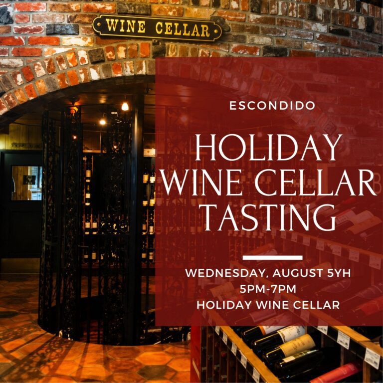 Wine cellar with shelves of bottles; text overlay advertises a holiday wine tasting event on August 5th, 5–7pm.