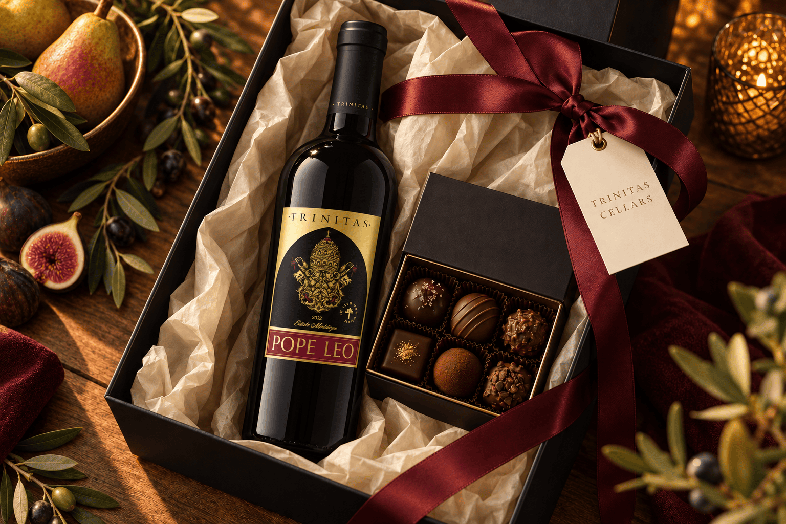 Pope Leo wine bottle presented in a premium gift box with chocolates, burgundy ribbon, and seasonal pears and figs.