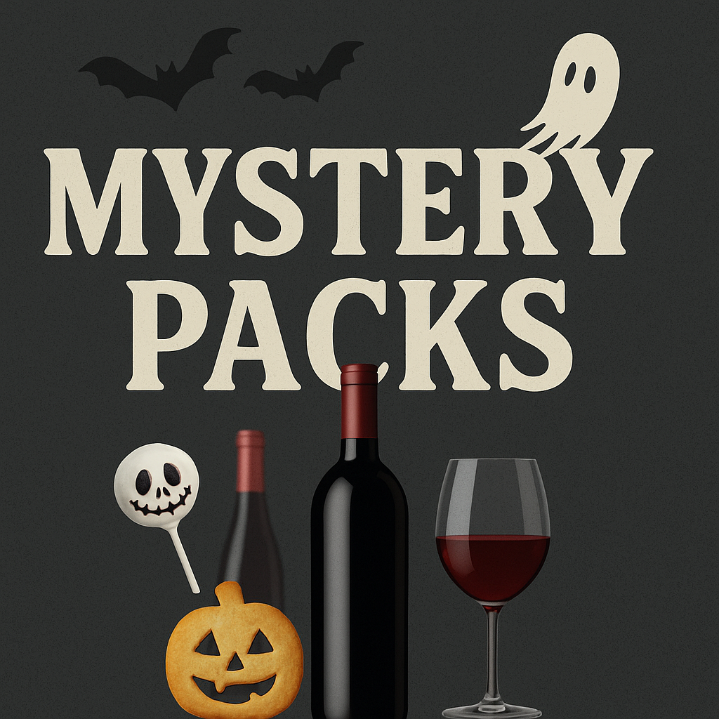 Trinitas Cellars Mystery Packs promotional image featuring wine bottles, a glass of red wine, and playful Halloween details with the headline “Mystery Packs.”