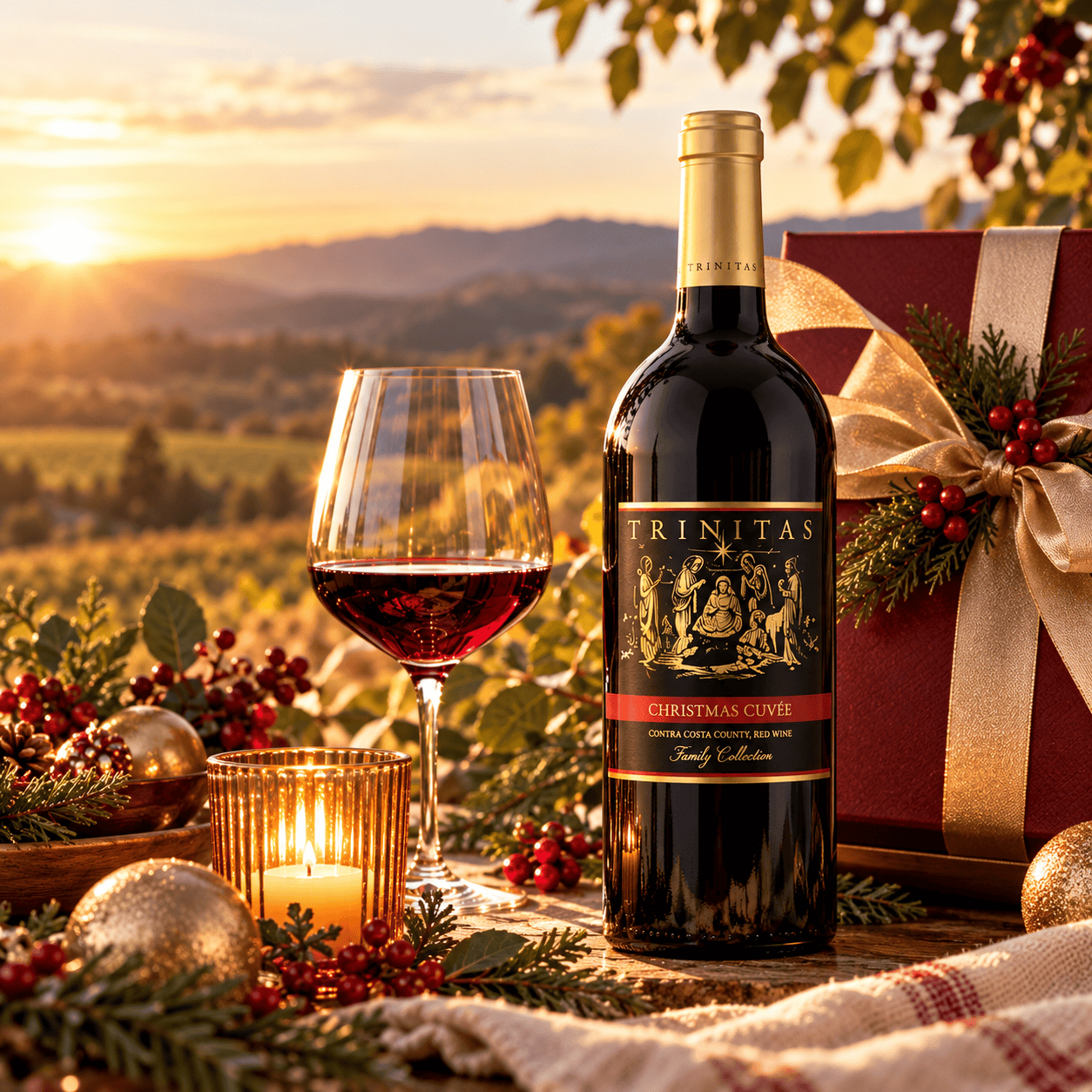 Trinitas Cellars Christmas Cuvée red wine displayed beside an elegant burgundy gift box with gold ribbon, wine glass, and festive holiday decorations.