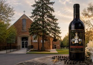 A Trinitas Christian Wine bottle rests on a stone, rosary nearby, with a church building in the background at sunset.