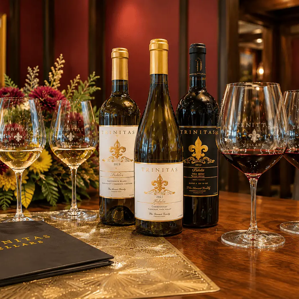 Three bottles of Trinitas Cellars wine, four glasses, flowers, and a menu on a polished table in an elegant room.